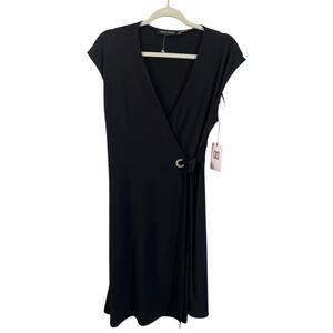 Ivanka Trump Wrap Dress Women's Size M Black With Gold Ring Cap Sleeve NEW